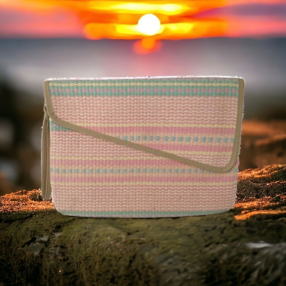 Vintage Woven Straw Raffia Envelope Clutch Purse Pastel Boho Summer‎ Beach Bag